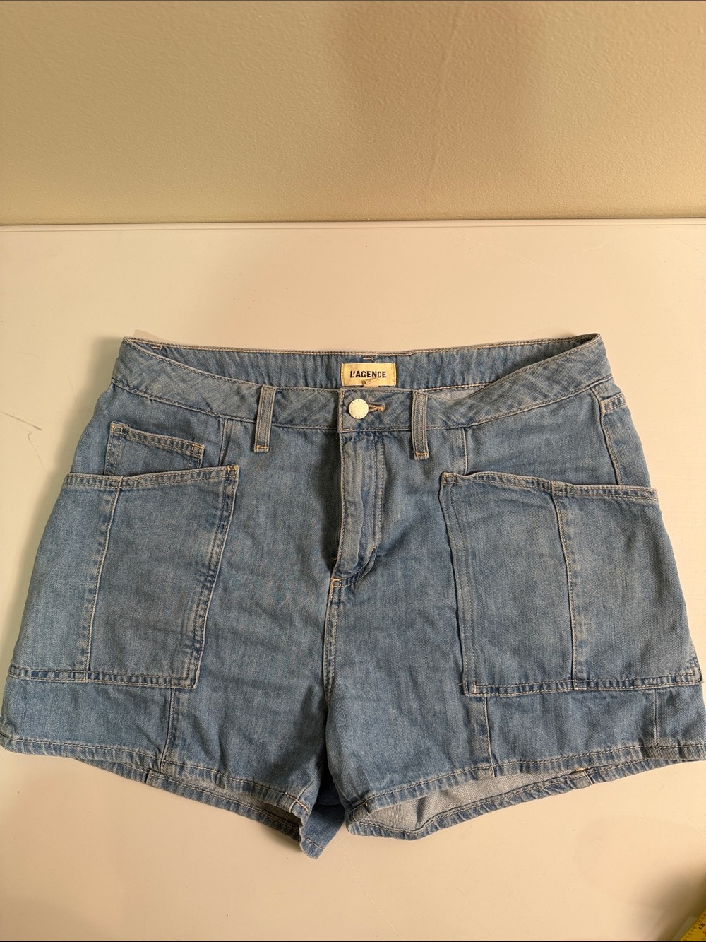L'AGENCE SZ 28 Blue Denim Patch-Pocket Shorts